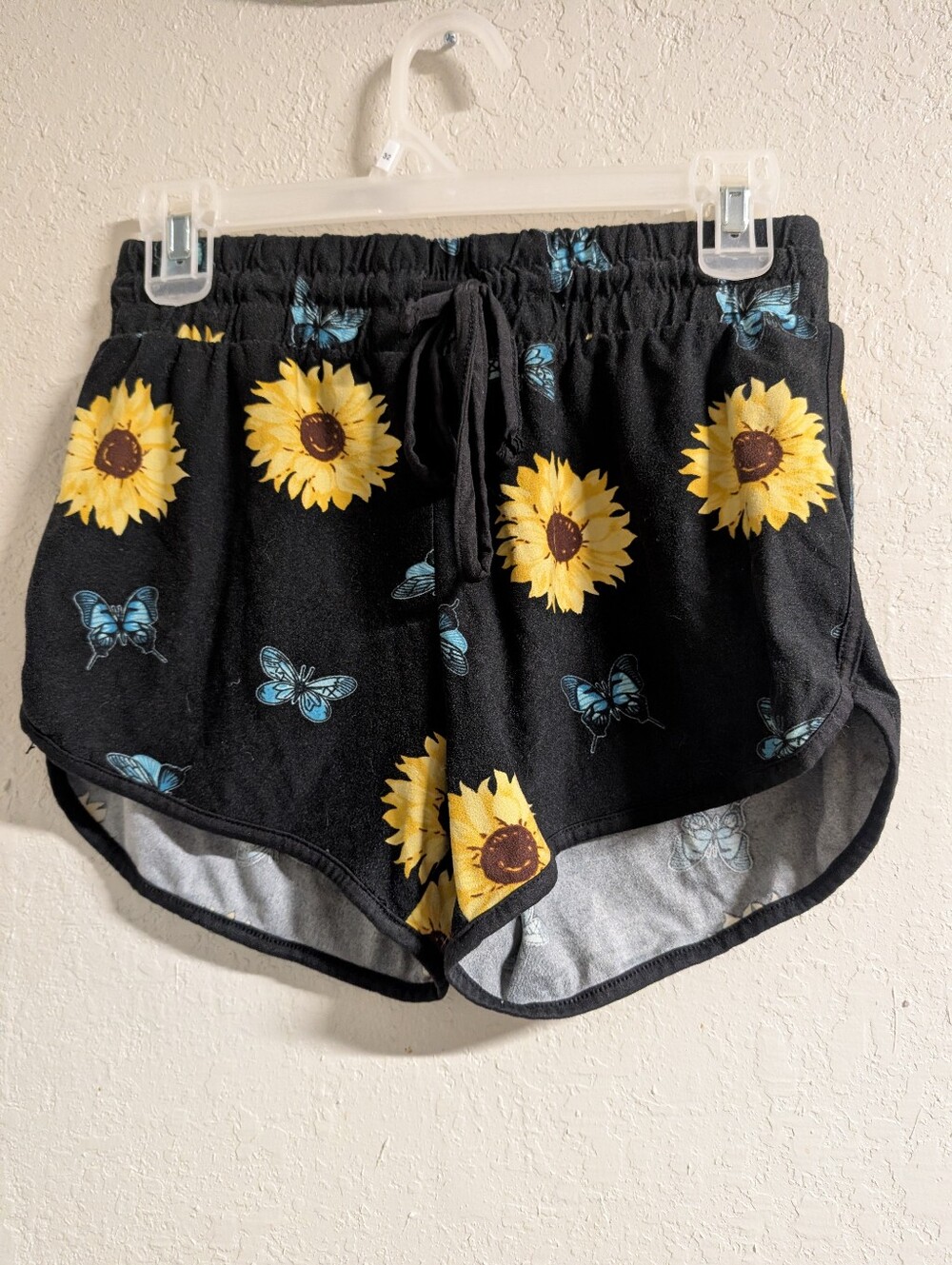 Sunflower Butterfly Lounge Shorts L Black Festival Boho Cottage Whimsy Fairy